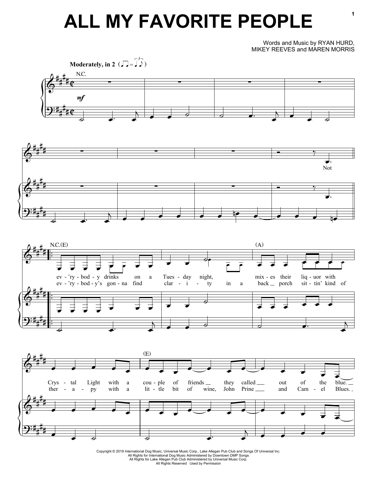 Maren Morris All My Favorite People (feat. Brothers Osborne) sheet music notes and chords arranged for Piano, Vocal & Guitar Chords (Right-Hand Melody)