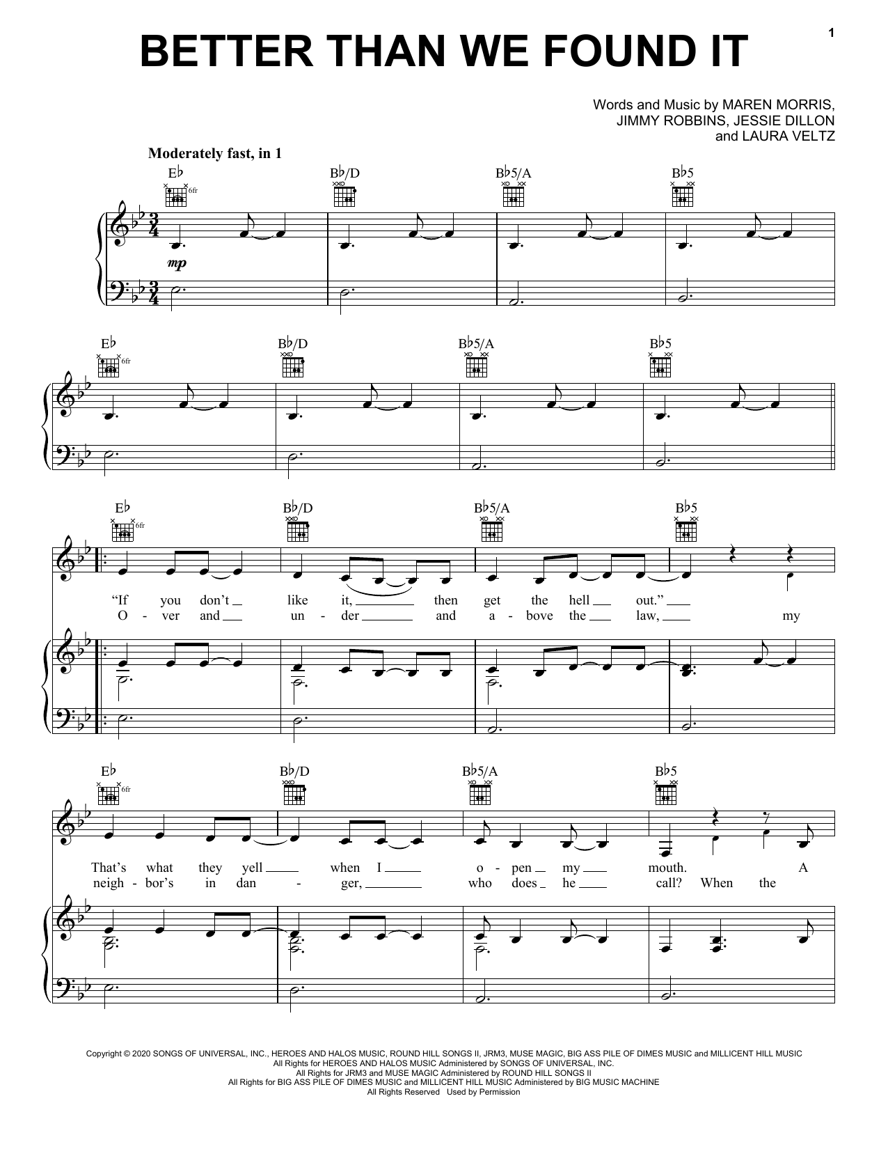 Maren Morris Better Than We Found It sheet music notes and chords arranged for Piano, Vocal & Guitar Chords (Right-Hand Melody)
