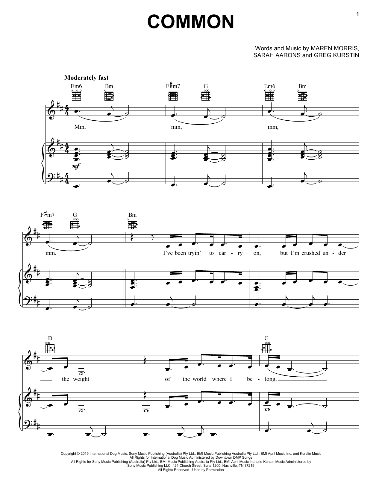 Maren Morris Common (feat. Brandi Carlile) sheet music notes and chords arranged for Piano, Vocal & Guitar Chords (Right-Hand Melody)