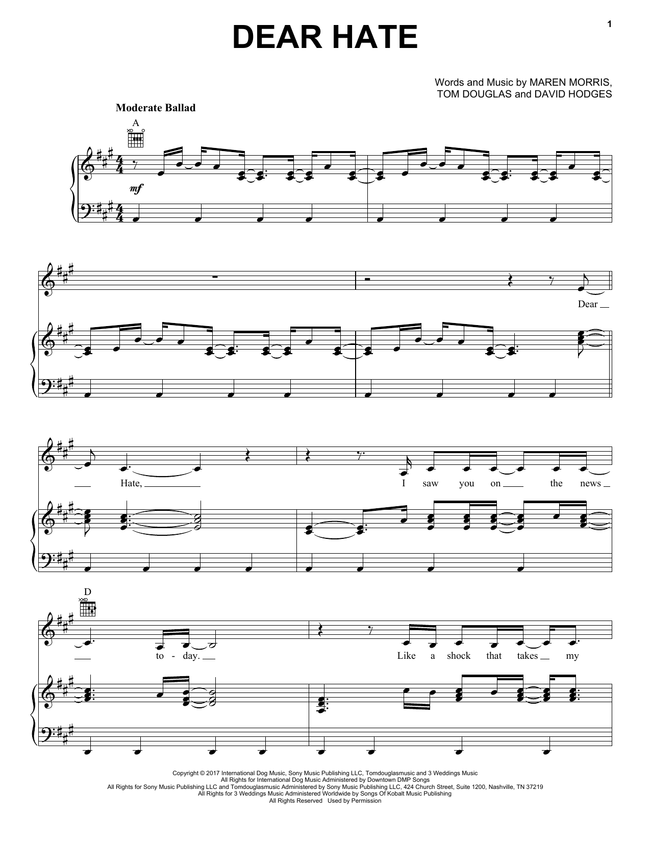 Maren Morris Dear Hate (feat. Vince Gill) sheet music notes and chords arranged for Easy Guitar Tab