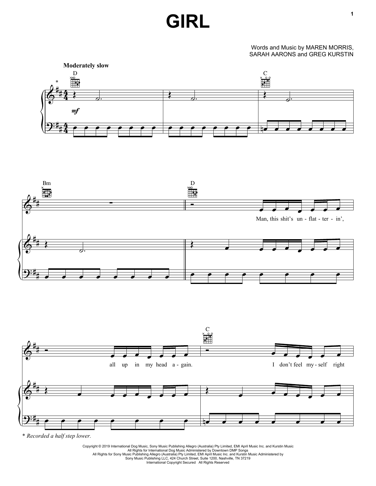 Maren Morris GIRL sheet music notes and chords arranged for Easy Guitar Tab