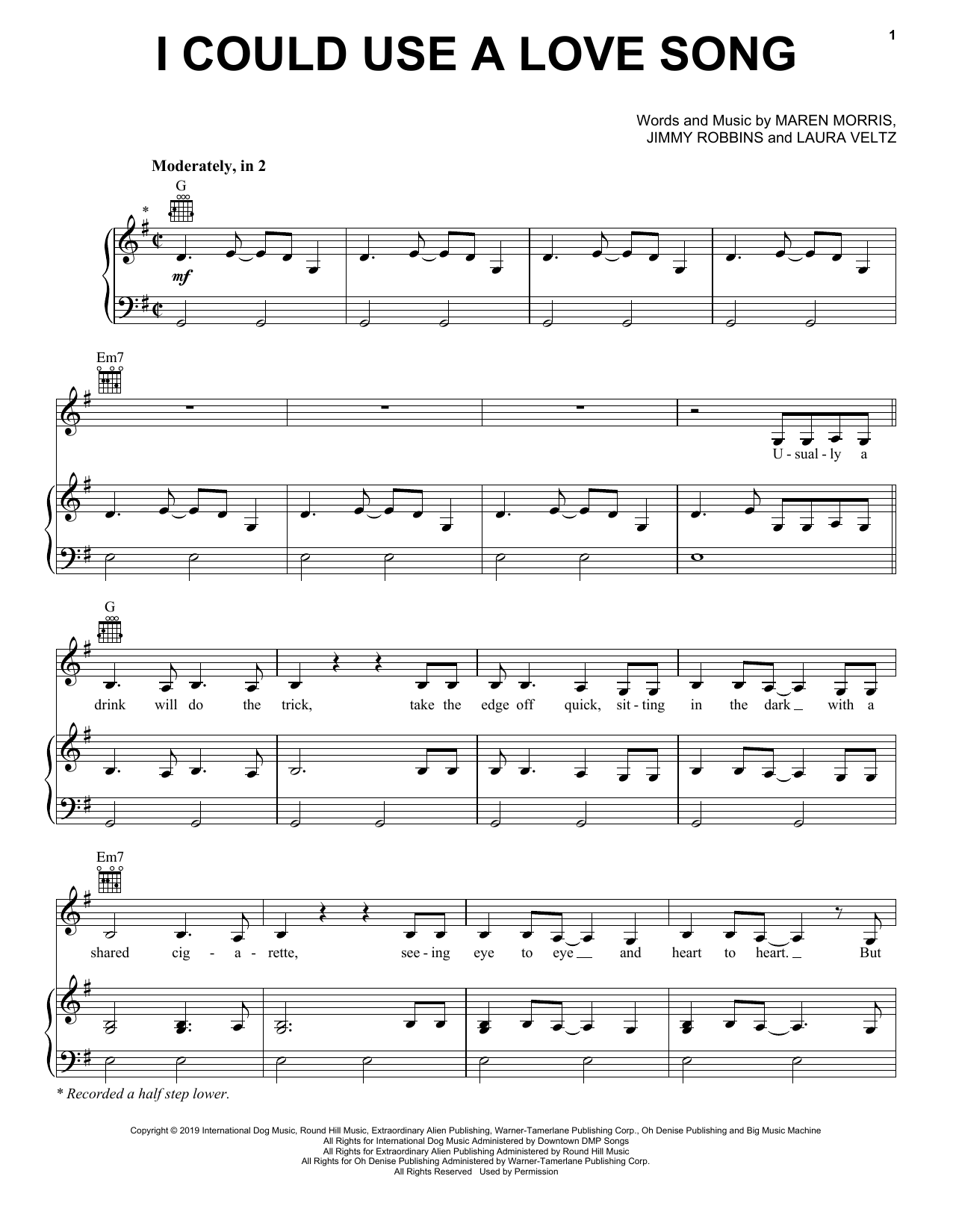 Maren Morris I Could Use A Love Song sheet music notes and chords arranged for Piano, Vocal & Guitar Chords (Right-Hand Melody)