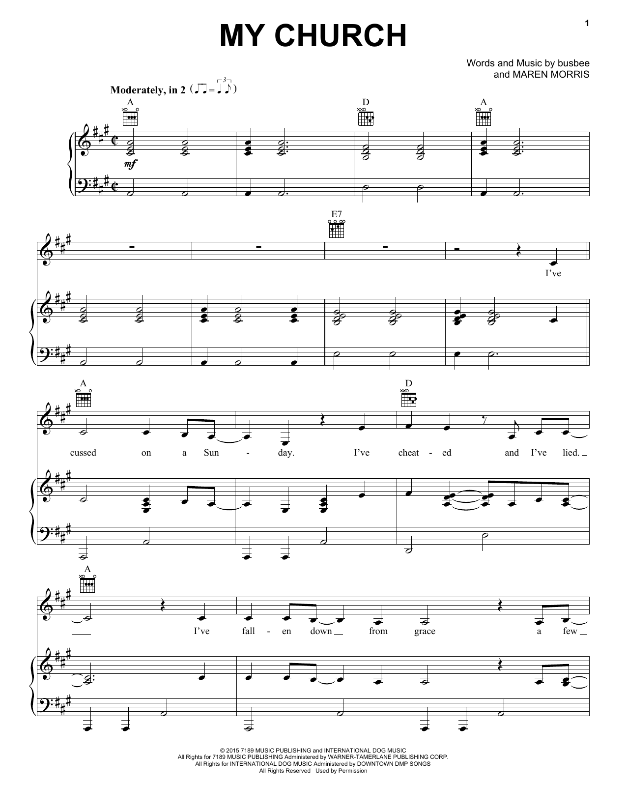 Maren Morris My Church sheet music notes and chords arranged for Piano, Vocal & Guitar Chords (Right-Hand Melody)