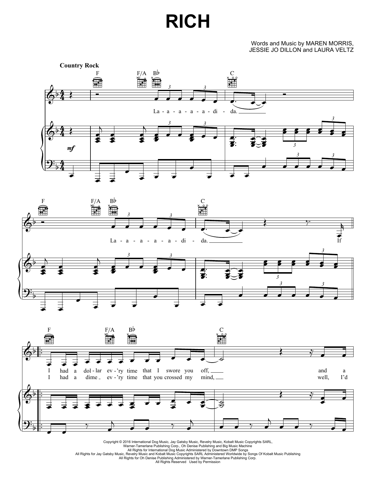 Maren Morris Rich sheet music notes and chords arranged for Piano, Vocal & Guitar Chords (Right-Hand Melody)