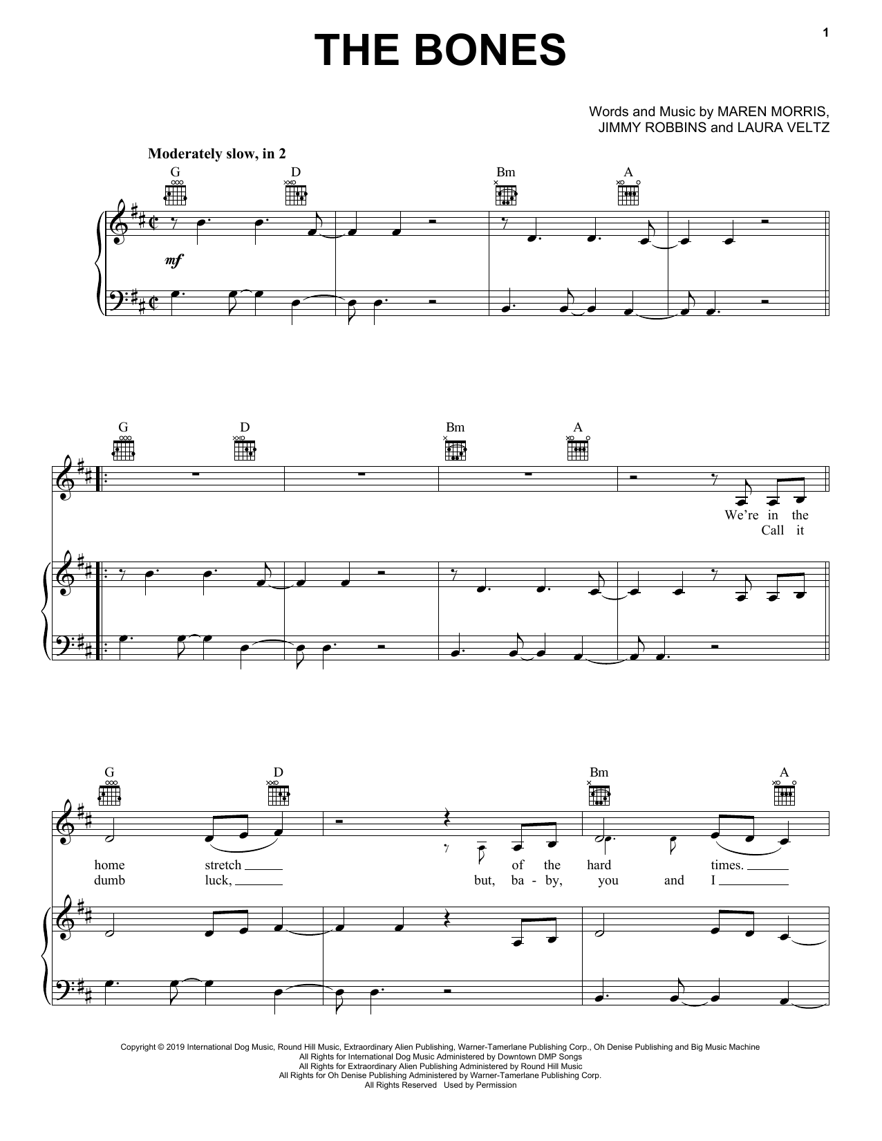 Maren Morris The Bones sheet music notes and chords arranged for Piano, Vocal & Guitar Chords (Right-Hand Melody)