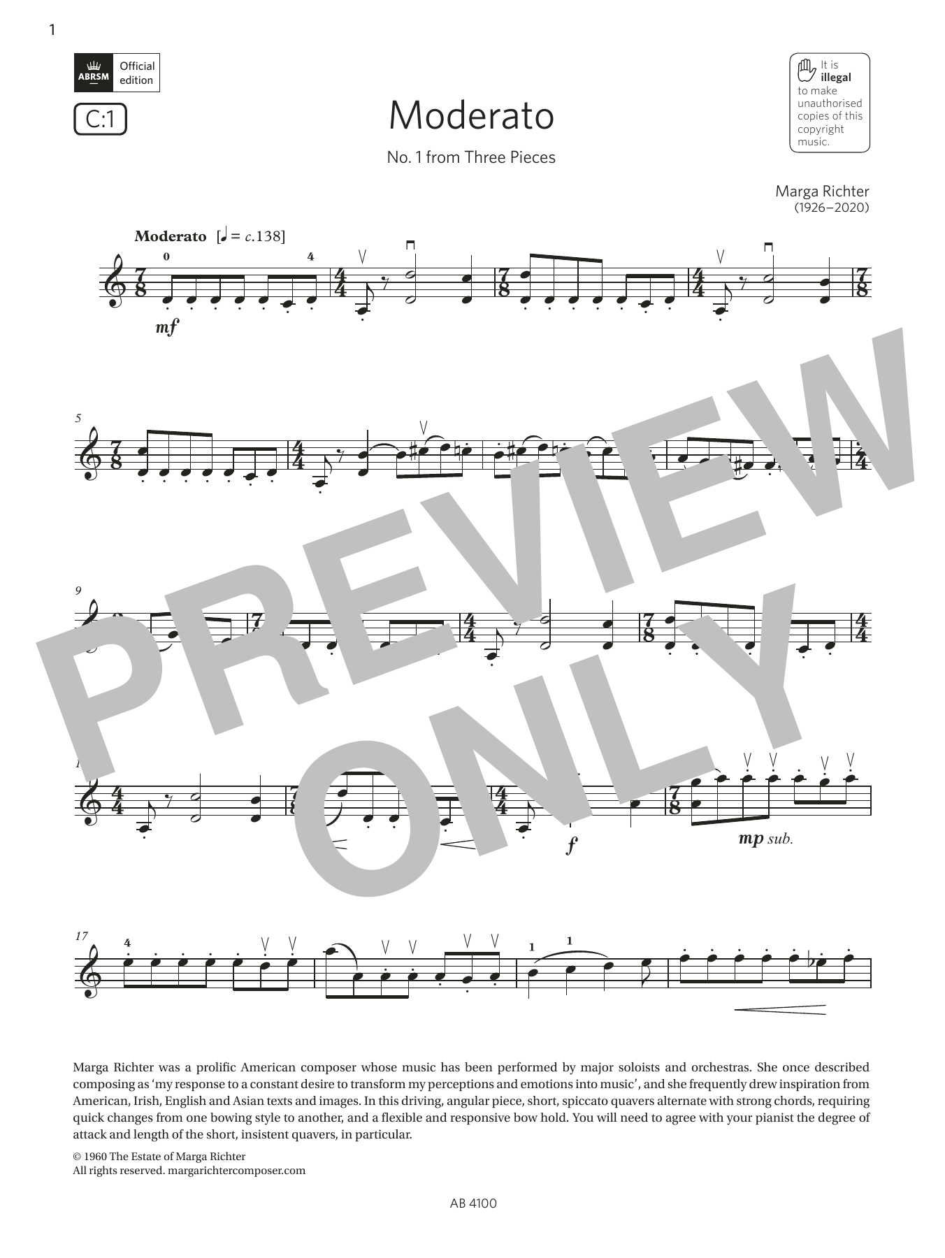 Marga Richter Moderato (Grade 6, C1, from the ABRSM Violin Syllabus from 2024) sheet music notes and chords arranged for Violin Solo