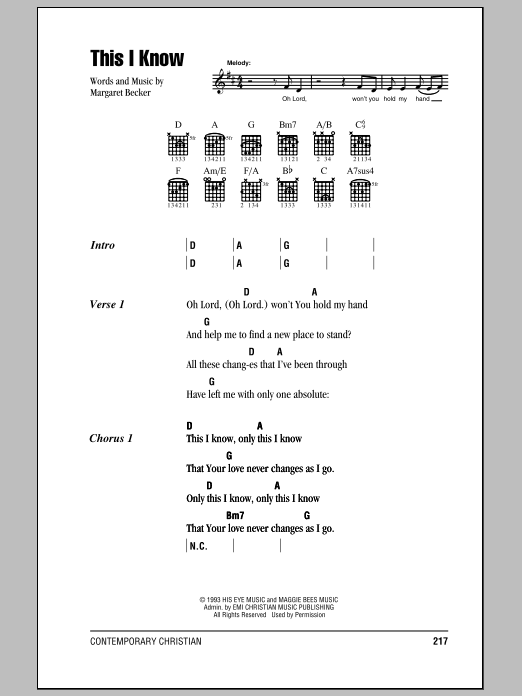 Margaret Becker This I Know sheet music notes and chords arranged for Guitar Chords/Lyrics