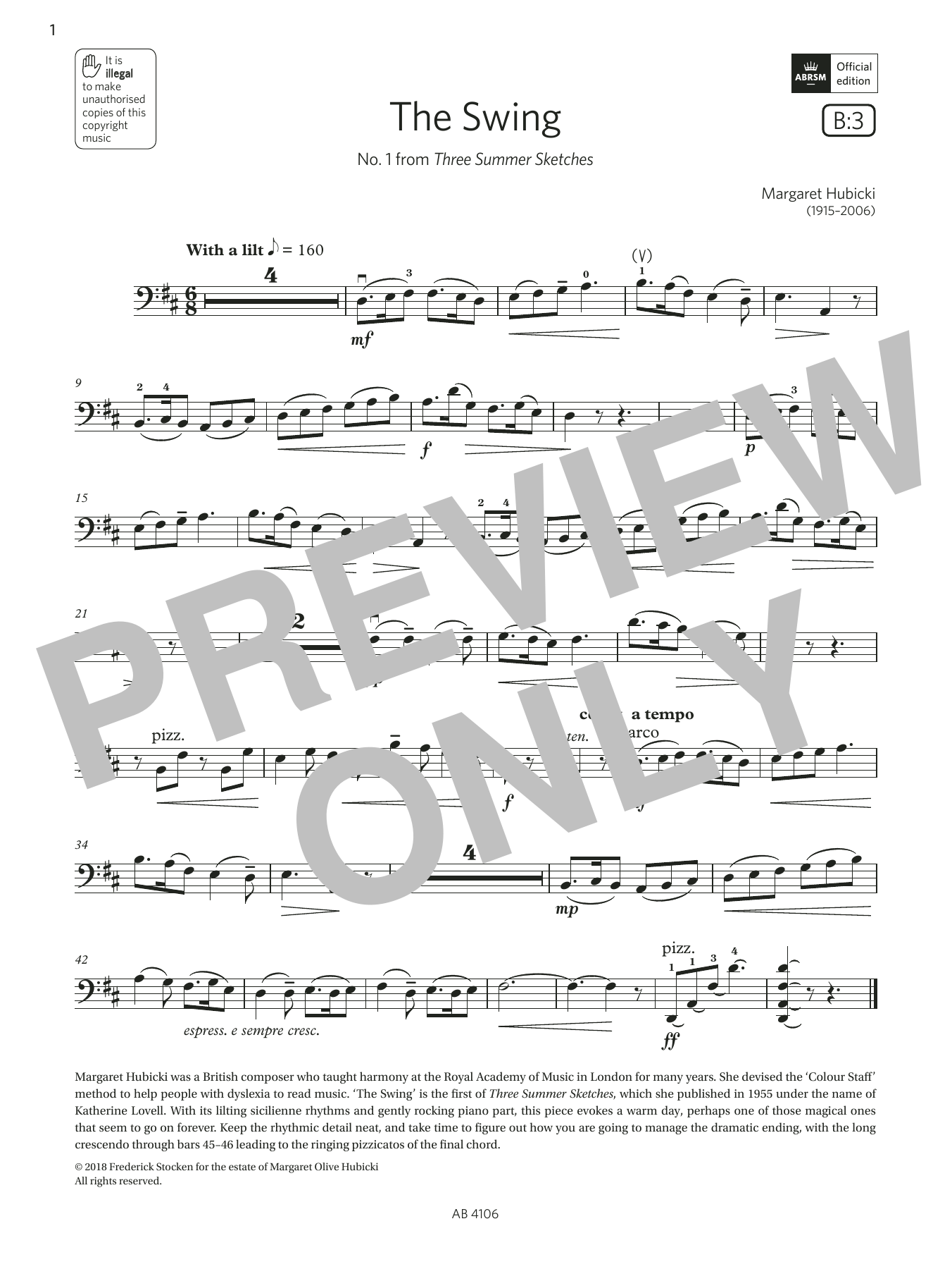 Margaret Hubicki The Swing (Grade 3, B3, from the ABRSM Cello Syllabus from 2024) sheet music notes and chords arranged for Cello Solo