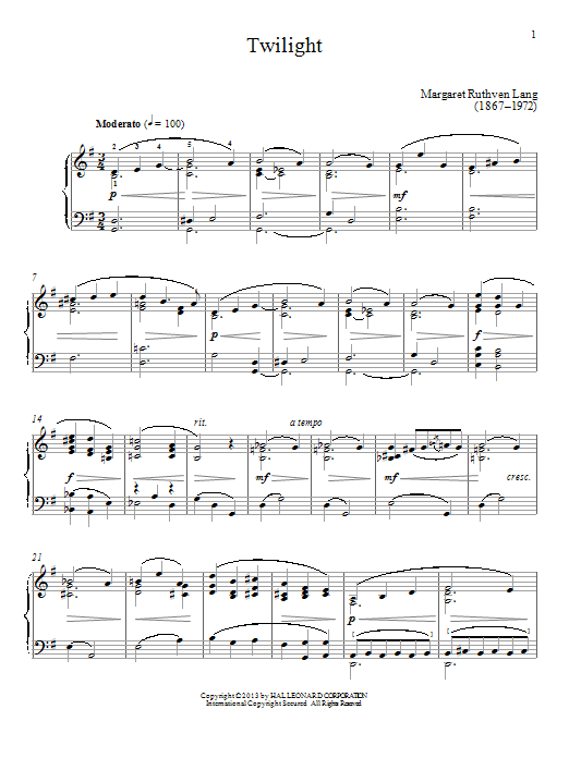 Margaret Ruthven Lang Twilight sheet music notes and chords arranged for Piano Solo