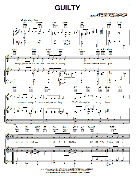Margaret Whiting Guilty sheet music notes and chords arranged for Piano, Vocal & Guitar Chords (Right-Hand Melody)