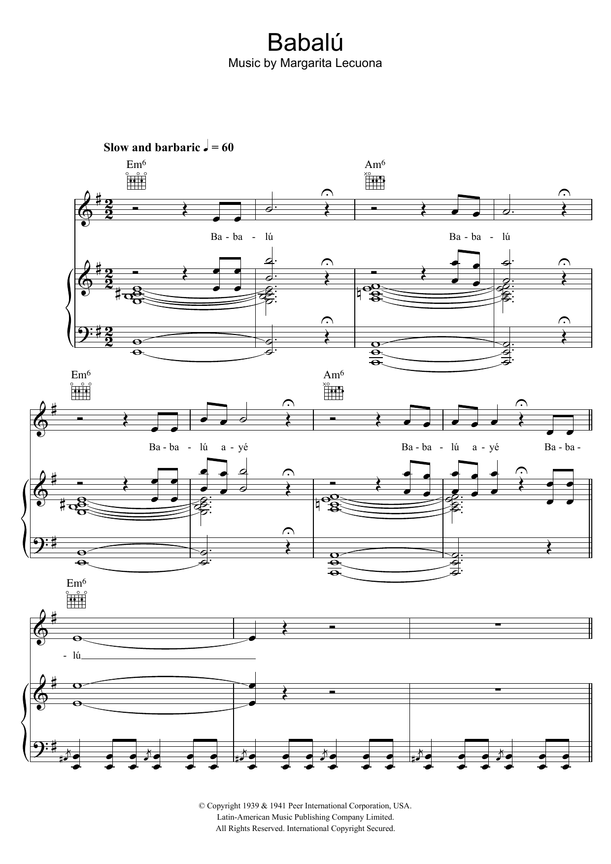 Margarita Lecuona Babalu sheet music notes and chords arranged for Piano, Vocal & Guitar Chords (Right-Hand Melody)