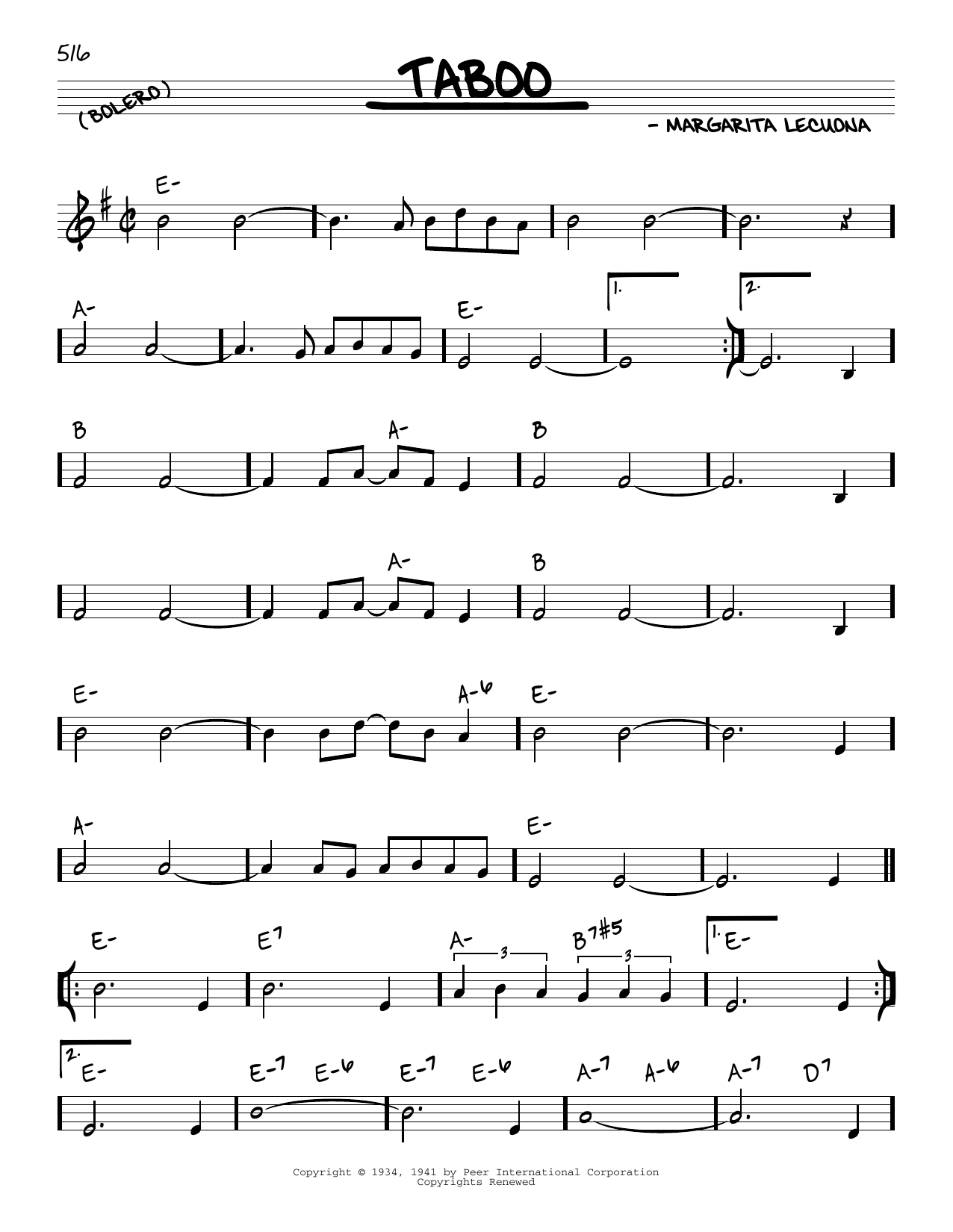 Margarita Lecuona Taboo sheet music notes and chords arranged for Real Book – Melody & Chords