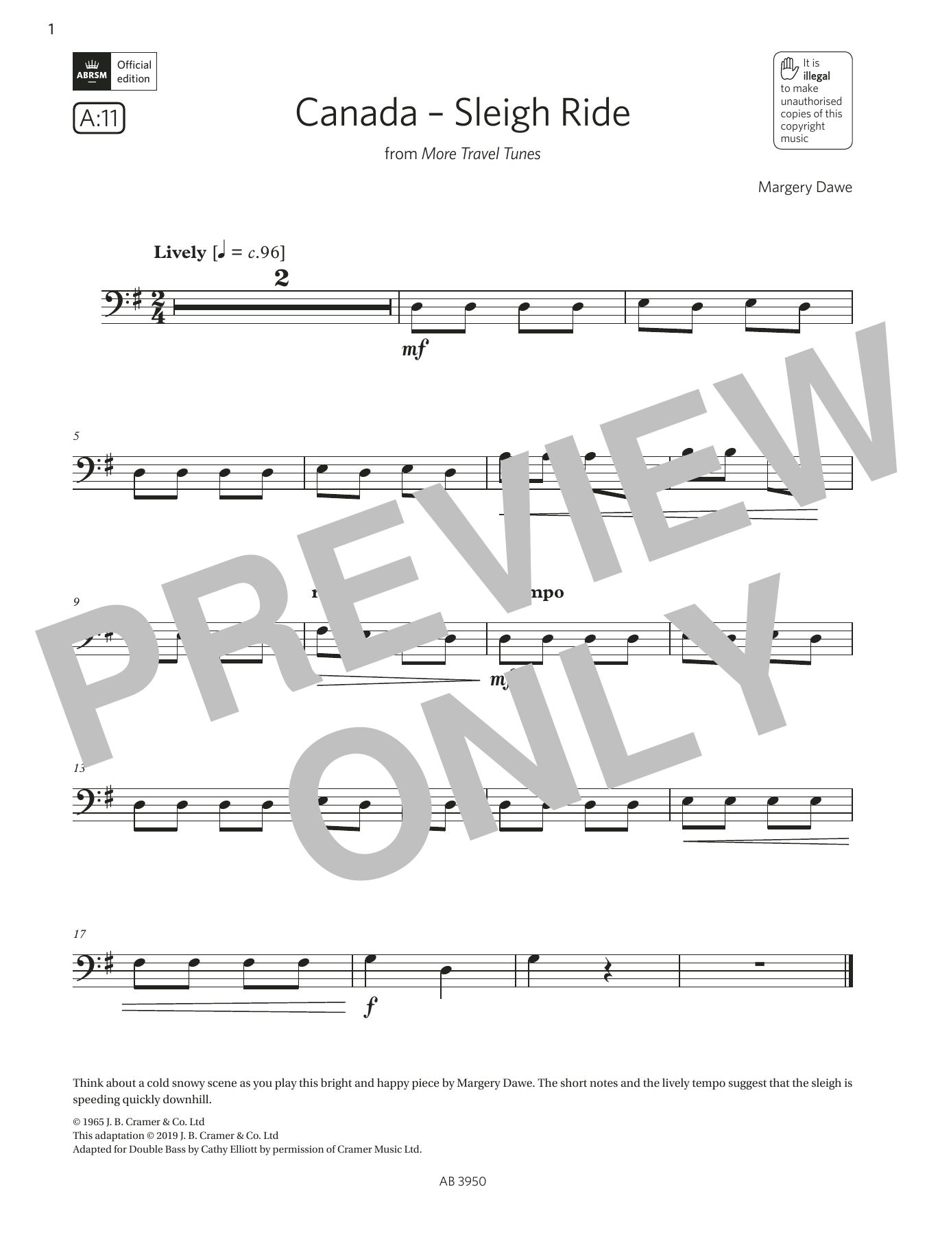 Margery Dawe Canada - Sleigh Ride (Grade Initial, A11, from the ABRSM Double Bass Syllabus from 2024) sheet music notes and chords arranged for String Bass Solo