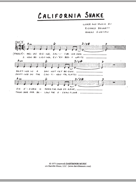 Margo Guryan California Shake sheet music notes and chords arranged for Lead Sheet / Fake Book