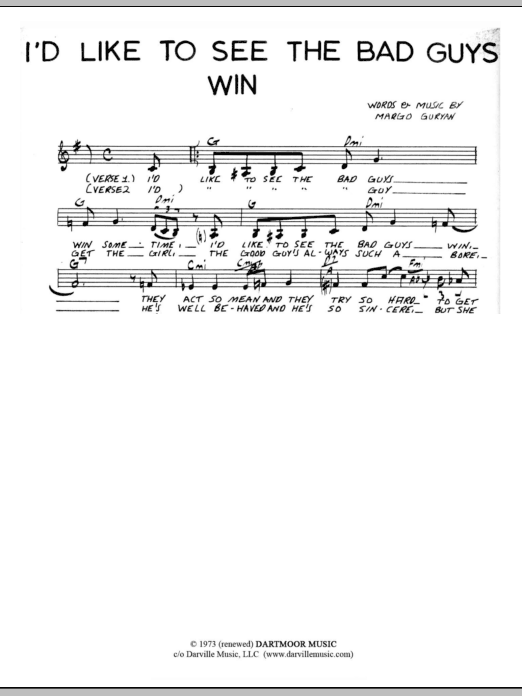 Margo Guryan I'd Like To See The Bad Guys Win sheet music notes and chords arranged for Lead Sheet / Fake Book