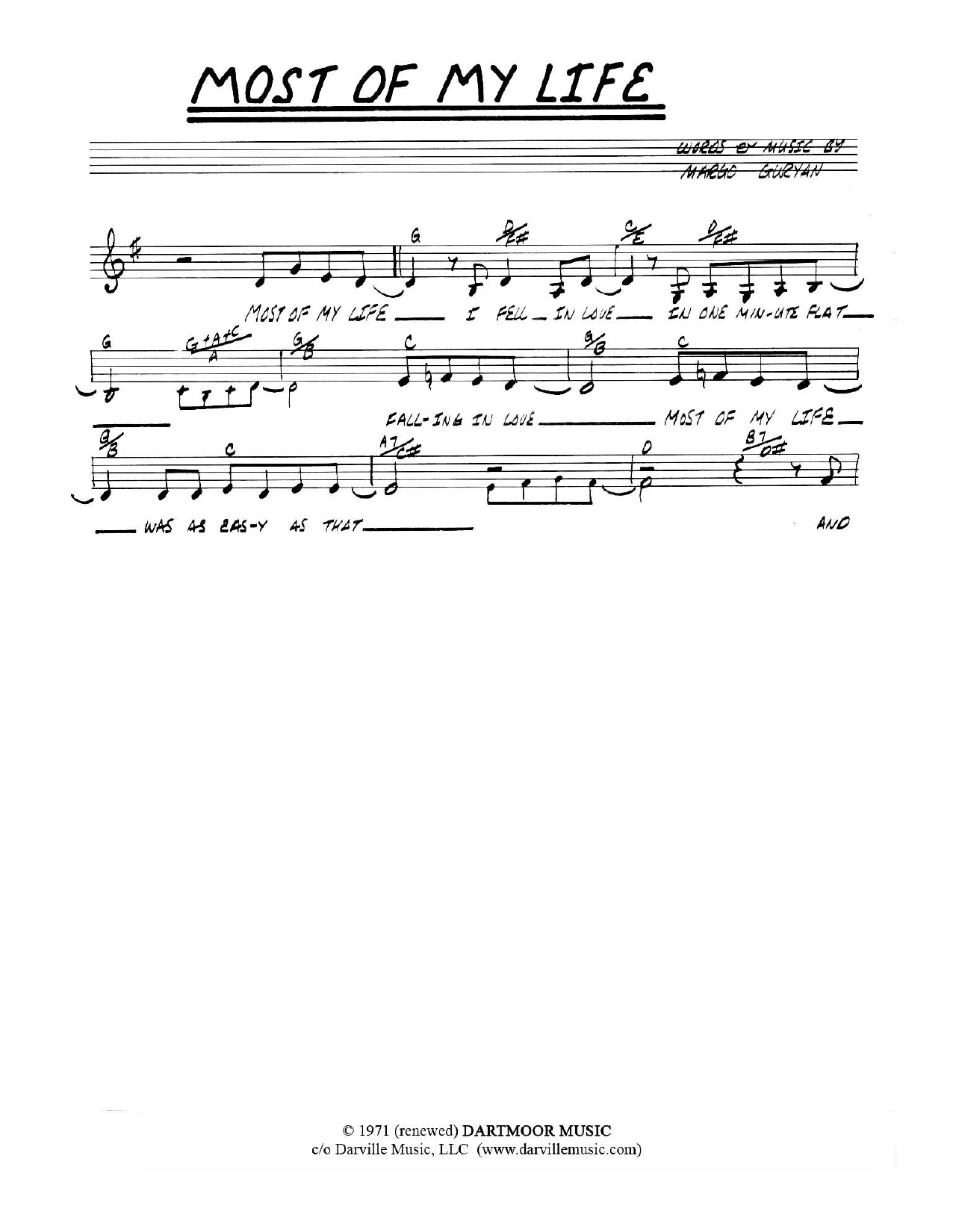 Margo Guryan Most Of My Life sheet music notes and chords arranged for Lead Sheet / Fake Book