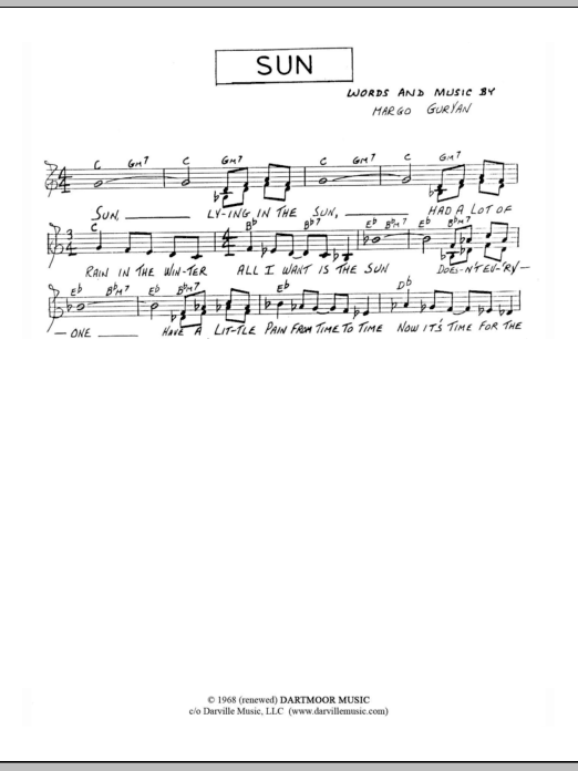 Margo Guryan Sun sheet music notes and chords arranged for Lead Sheet / Fake Book
