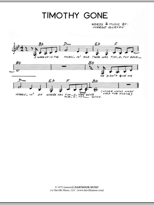 Margo Guryan Timothy Gone sheet music notes and chords arranged for Lead Sheet / Fake Book