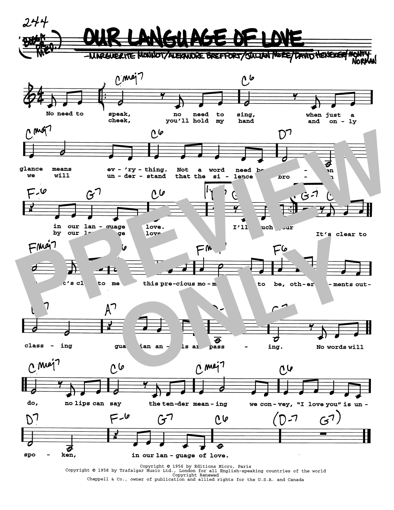 Marguerite Monnot Our Language Of Love (Low Voice) sheet music notes and chords arranged for Real Book – Melody, Lyrics & Chords
