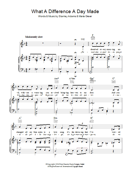 Maria Grever What A Diff'rence A Day Made sheet music notes and chords arranged for Piano, Vocal & Guitar Chords