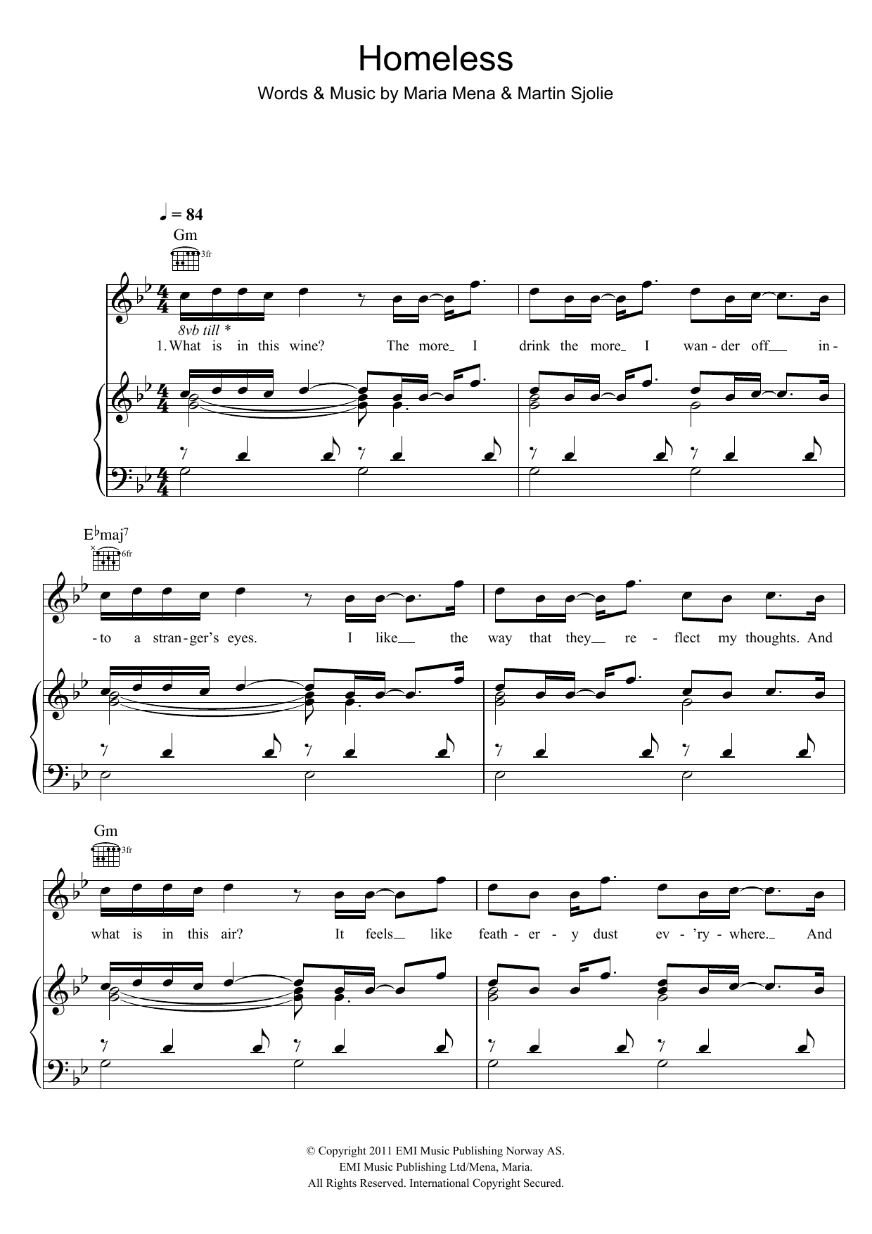 Maria Mena Homeless sheet music notes and chords arranged for Piano, Vocal & Guitar Chords