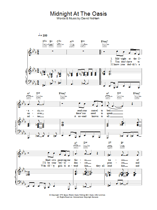 Maria Muldaur Midnight At The Oasis sheet music notes and chords arranged for Piano, Vocal & Guitar Chords