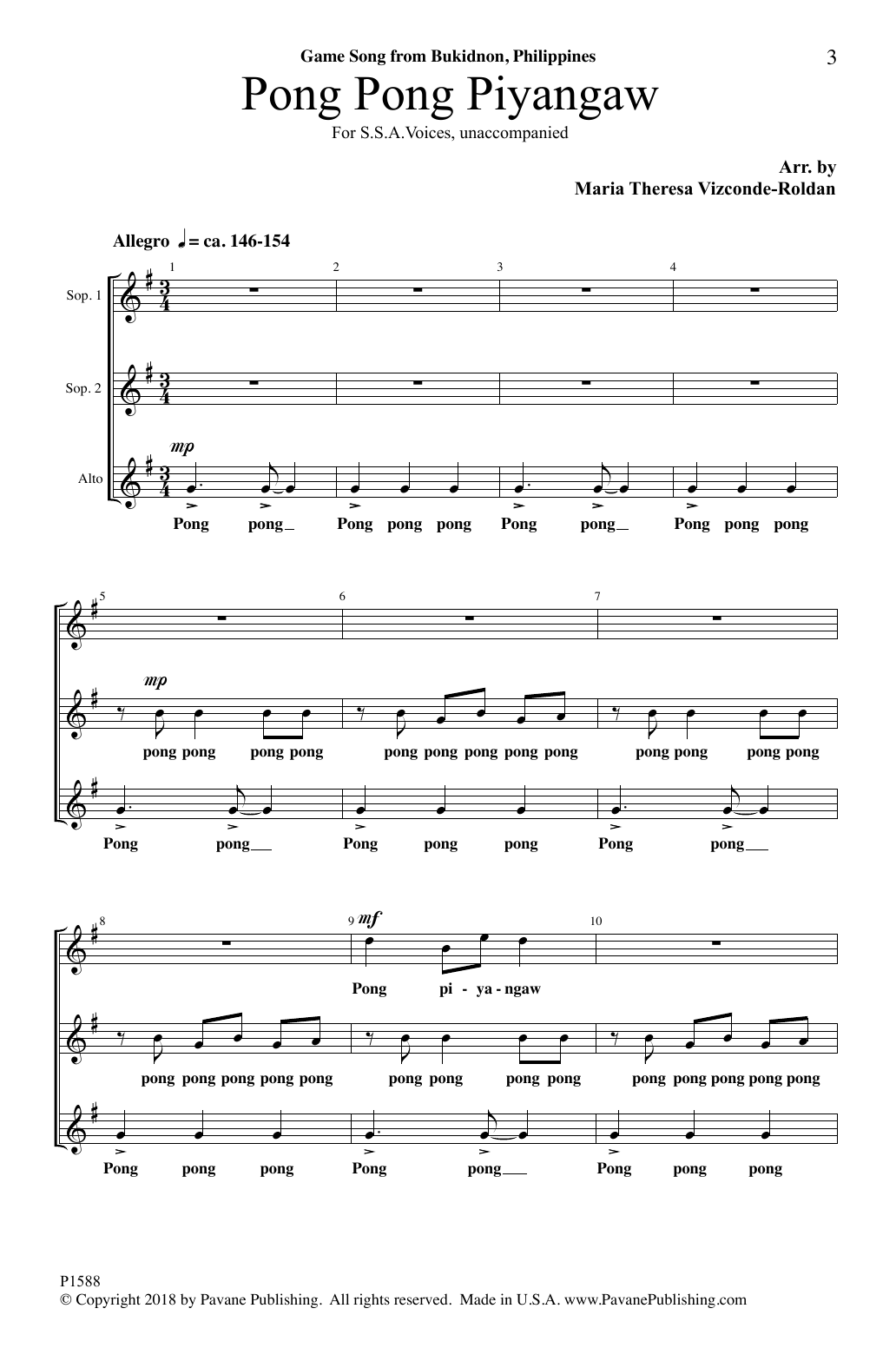 Maria Theresa Vizconde-Roldan Pong Pong Piyangaw sheet music notes and chords arranged for SSA Choir