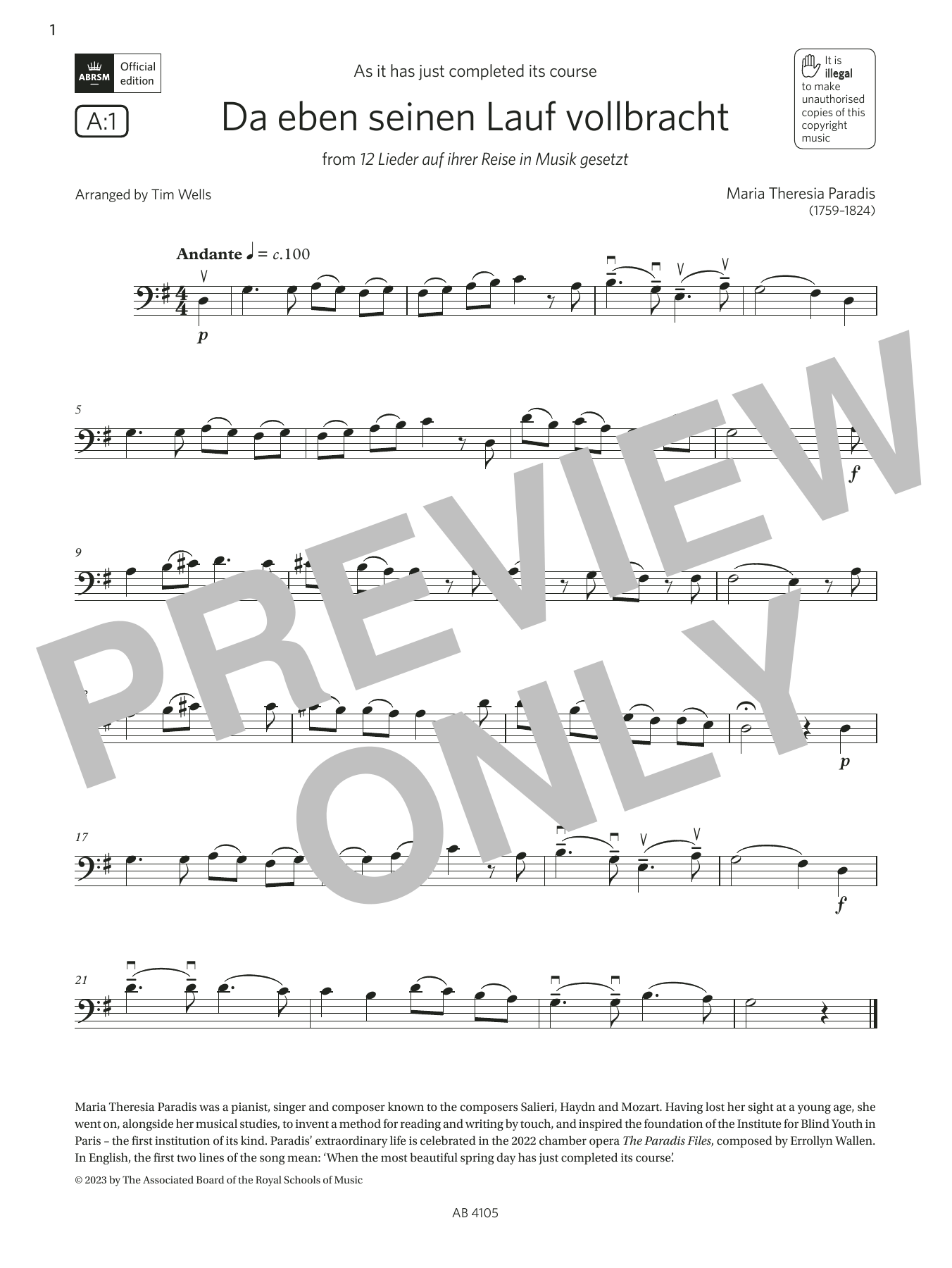Maria Theresia Paradis Da eben seinen Lauf volbracht (Grade 2, A1, from the ABRSM Cello Syllabus from 2024) sheet music notes and chords arranged for Cello Solo