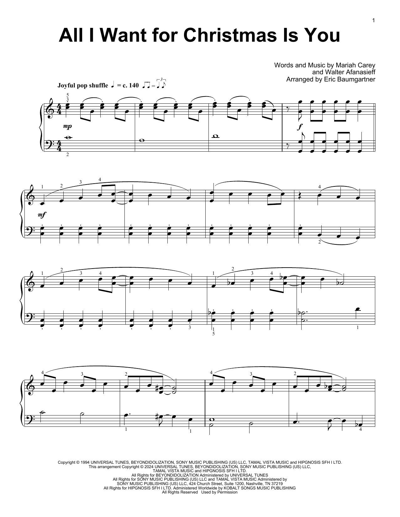 Mariah Carey All I Want For Christmas Is You (arr. Eric Baumgartner) sheet music notes and chords arranged for Educational Piano