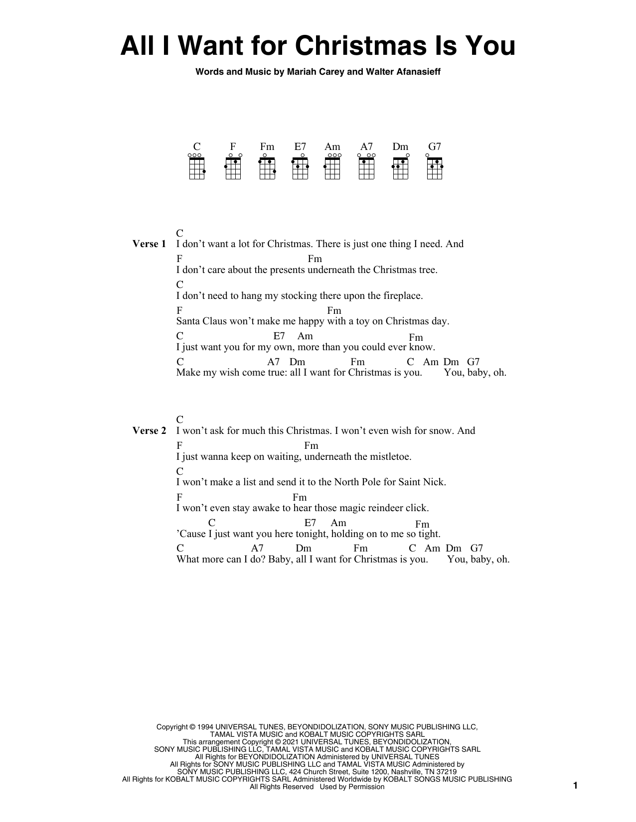 Mariah Carey All I Want For Christmas Is You (arr. Fred Sokolow) sheet music notes and chords arranged for Ukulele