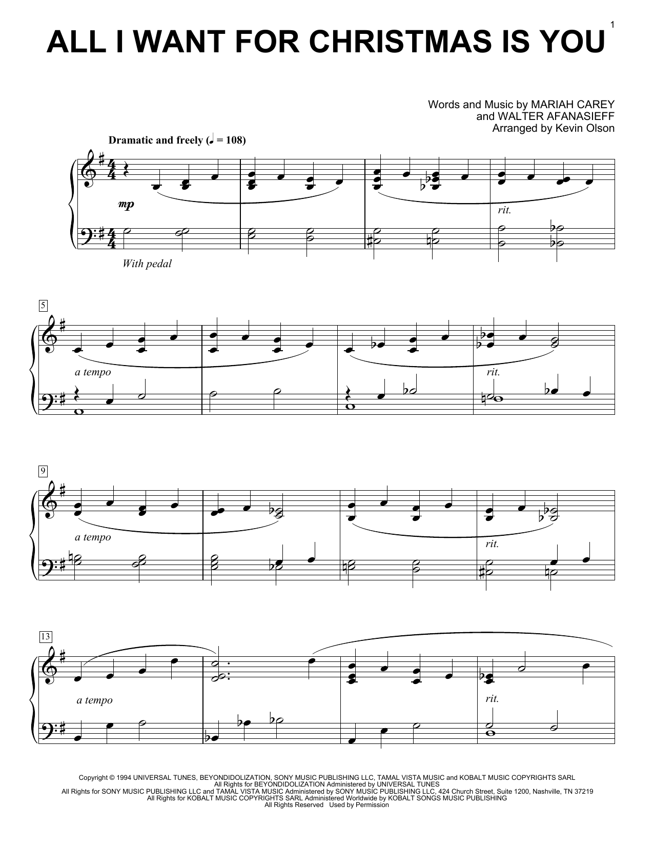 Mariah Carey All I Want For Christmas Is You (arr. Kevin Olson) sheet music notes and chords arranged for Easy Piano Solo