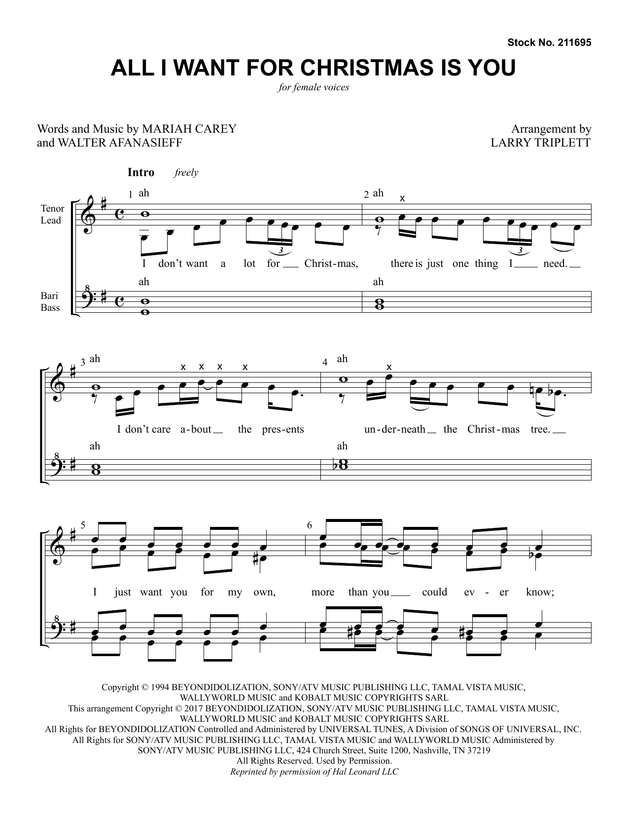 Mariah Carey All I Want For Christmas Is You (arr. Larry Triplett) sheet music notes and chords arranged for SSAA Choir