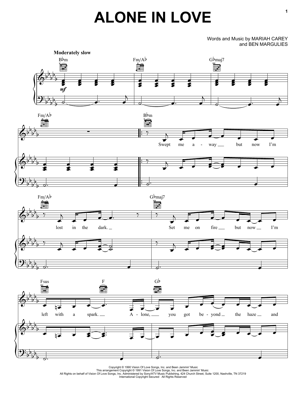 Mariah Carey Alone In Love sheet music notes and chords arranged for Piano, Vocal & Guitar Chords (Right-Hand Melody)