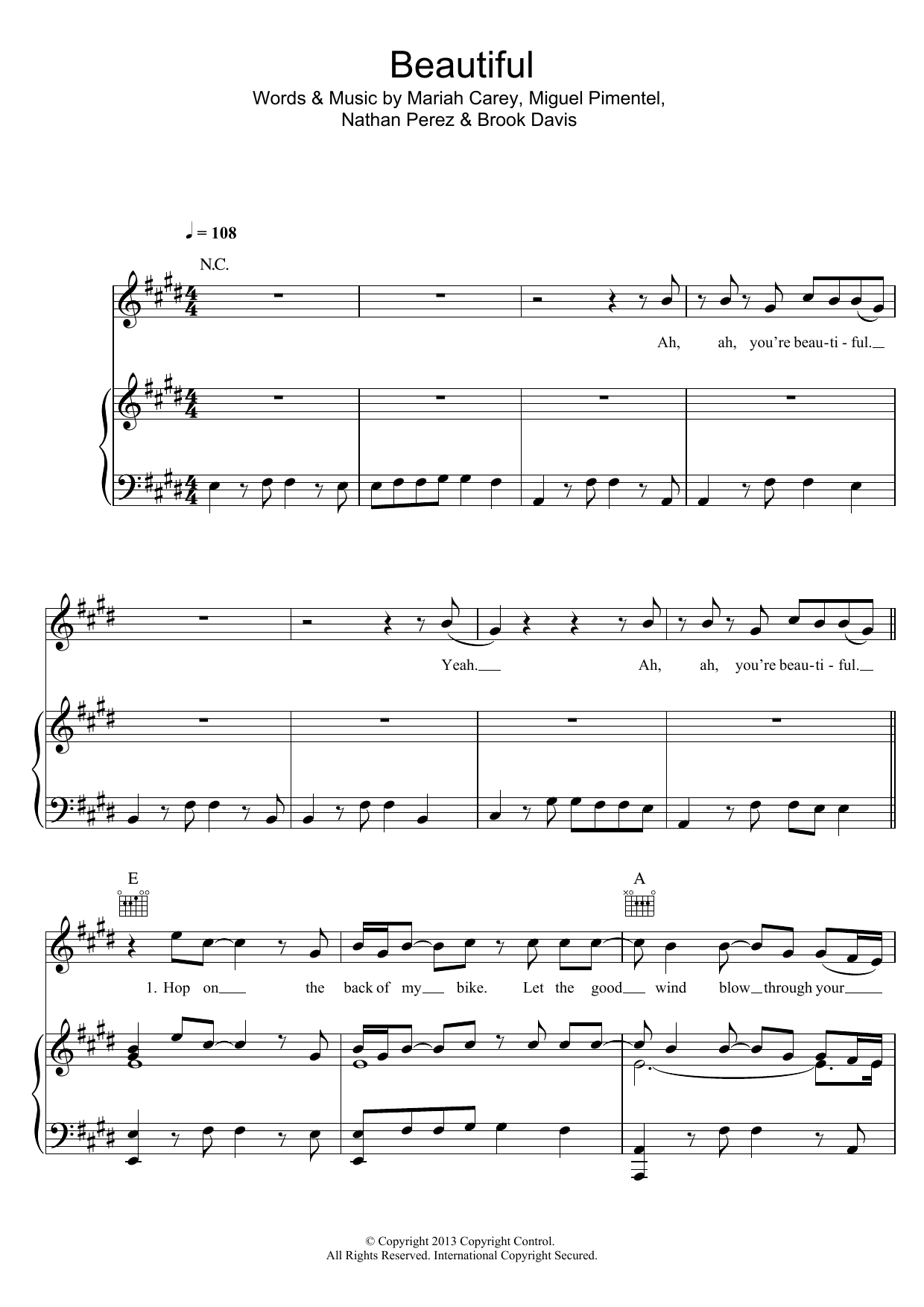 Mariah Carey Beautiful (featuring Miguel) sheet music notes and chords arranged for Piano, Vocal & Guitar Chords