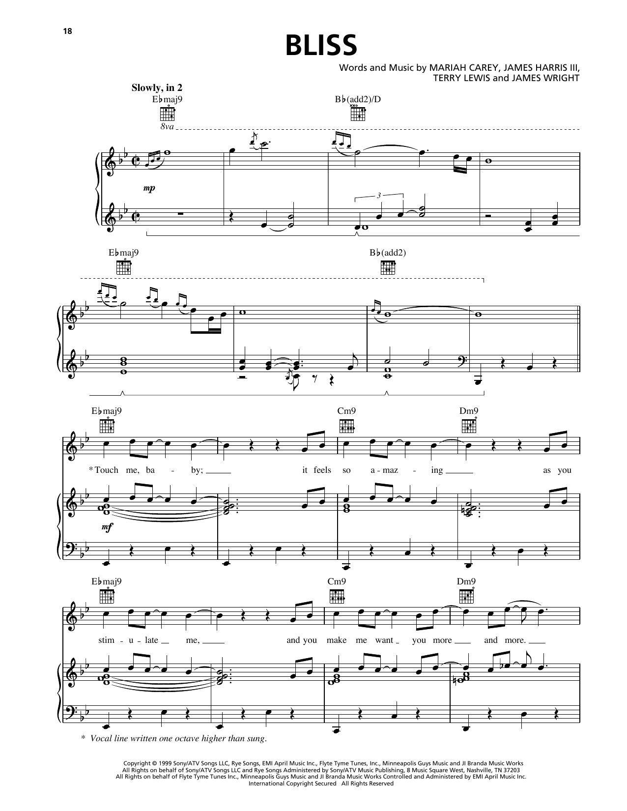 Mariah Carey Bliss sheet music notes and chords arranged for Piano, Vocal & Guitar Chords (Right-Hand Melody)