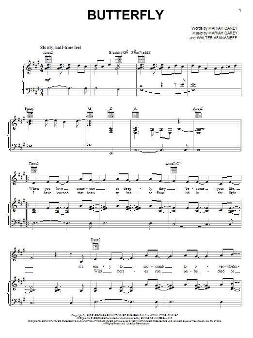Mariah Carey Butterfly sheet music notes and chords arranged for Piano, Vocal & Guitar Chords (Right-Hand Melody)