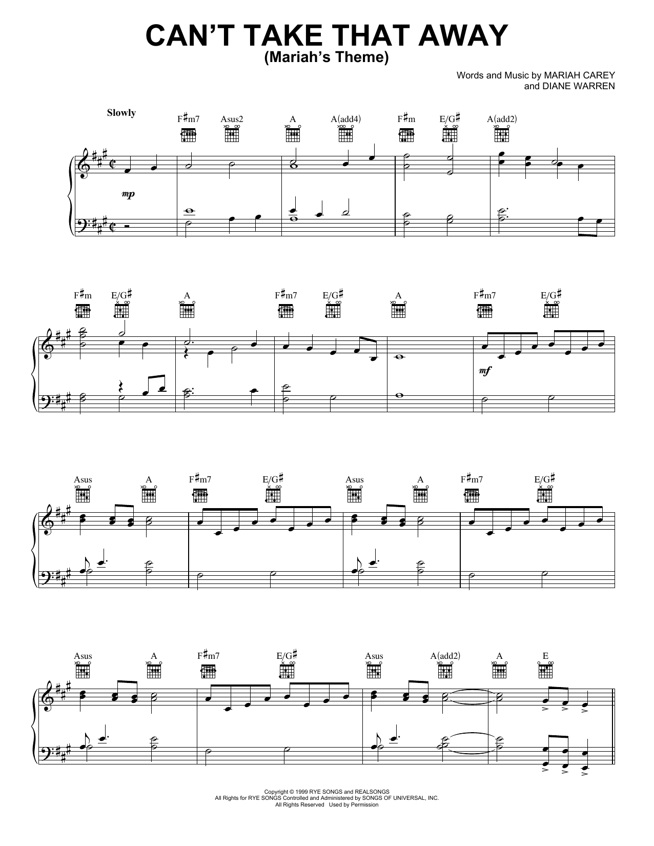 Mariah Carey Can't Take That Away (Mariah's Theme) sheet music notes and chords arranged for Piano, Vocal & Guitar Chords (Right-Hand Melody)