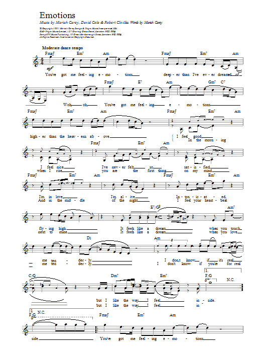 Mariah Carey Emotions sheet music notes and chords arranged for Piano, Vocal & Guitar Chords (Right-Hand Melody)
