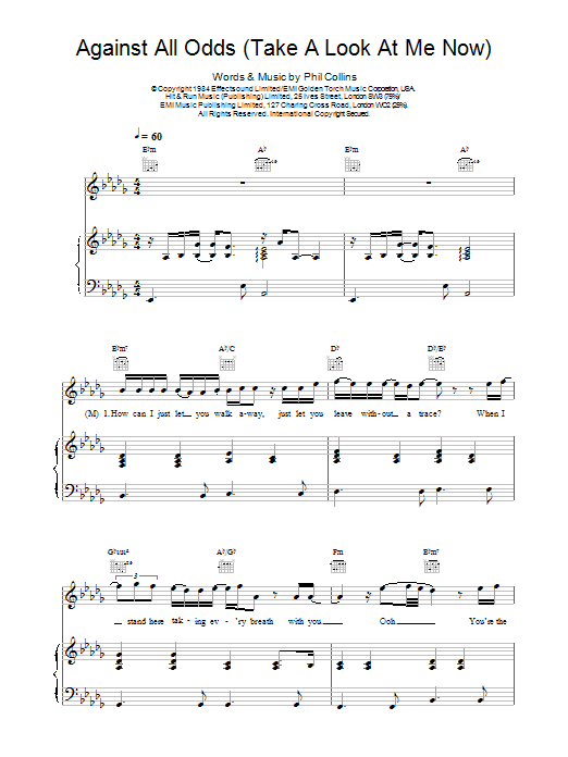 Mariah Carey featuring Westlife Against All Odds (Take A Look At Me Now) sheet music notes and chords arranged for Piano, Vocal & Guitar Chords