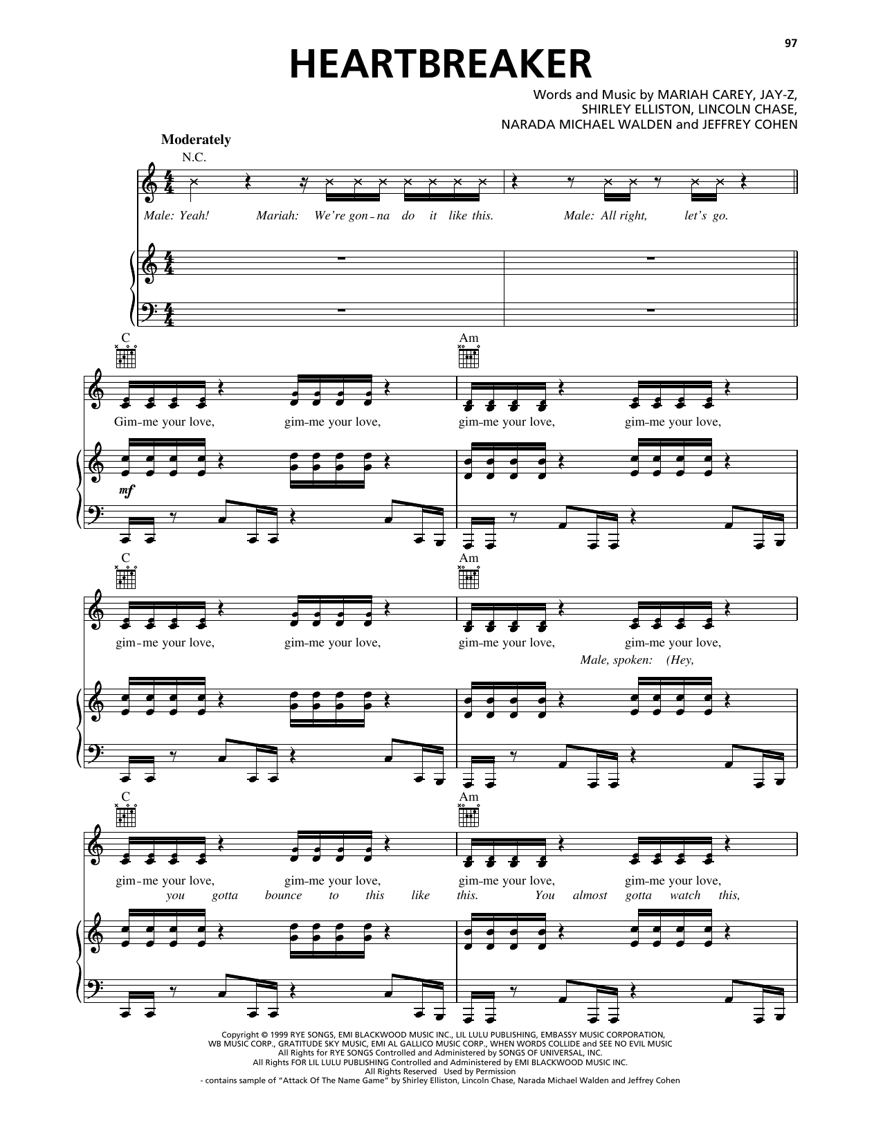 Mariah Carey Heartbreaker (feat. JAY-Z) sheet music notes and chords arranged for Piano, Vocal & Guitar Chords (Right-Hand Melody)