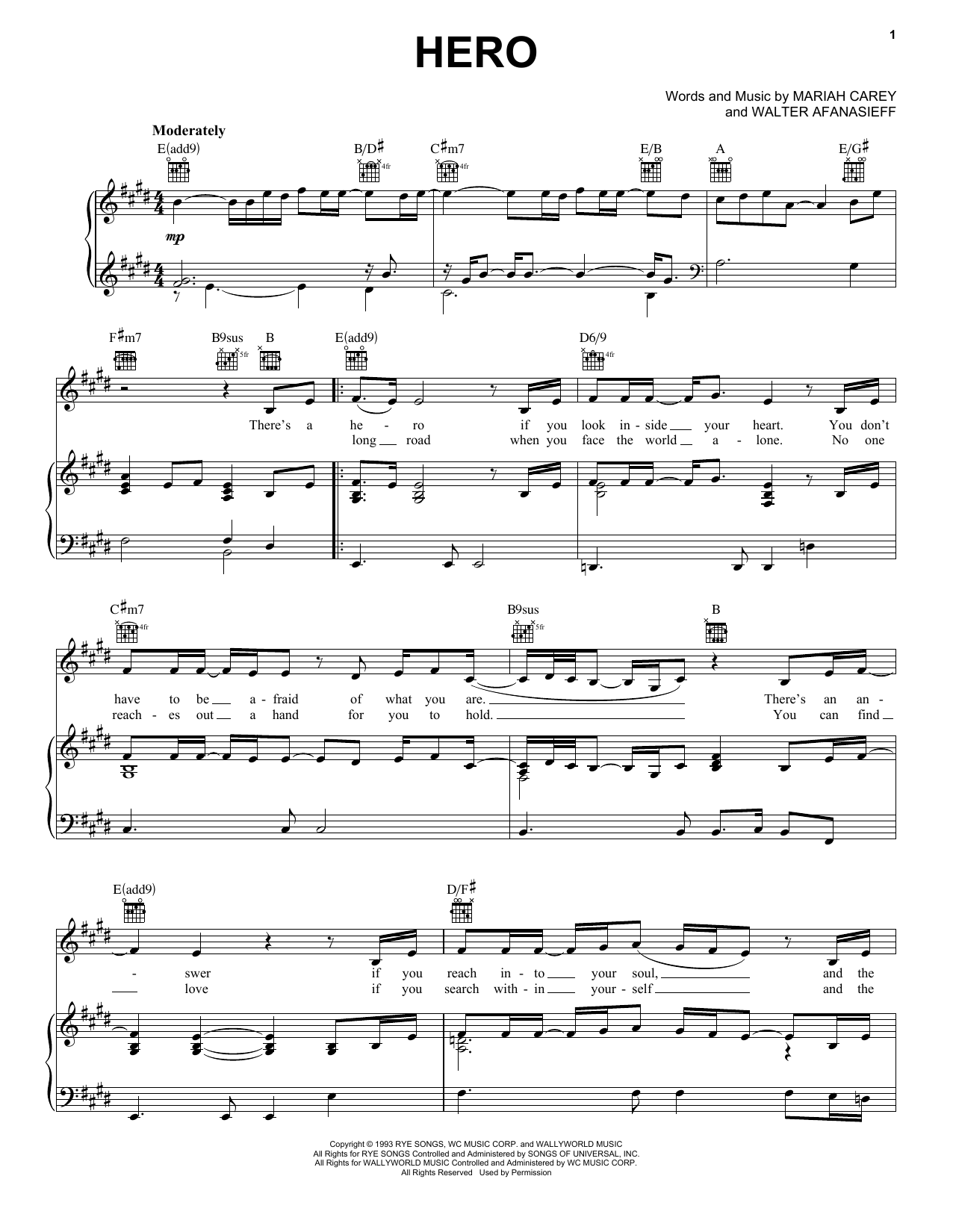 Mariah Carey Hero sheet music notes and chords arranged for Piano, Vocal & Guitar Chords (Right-Hand Melody)