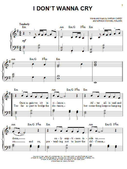 Mariah Carey I Don't Wanna Cry sheet music notes and chords arranged for Piano, Vocal & Guitar Chords (Right-Hand Melody)