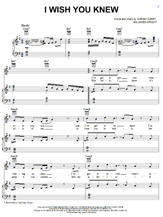 Mariah Carey I Wish You Knew sheet music notes and chords arranged for Piano, Vocal & Guitar Chords (Right-Hand Melody)