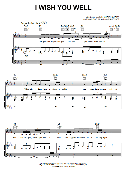 Mariah Carey I Wish You Well sheet music notes and chords arranged for Piano, Vocal & Guitar Chords (Right-Hand Melody)