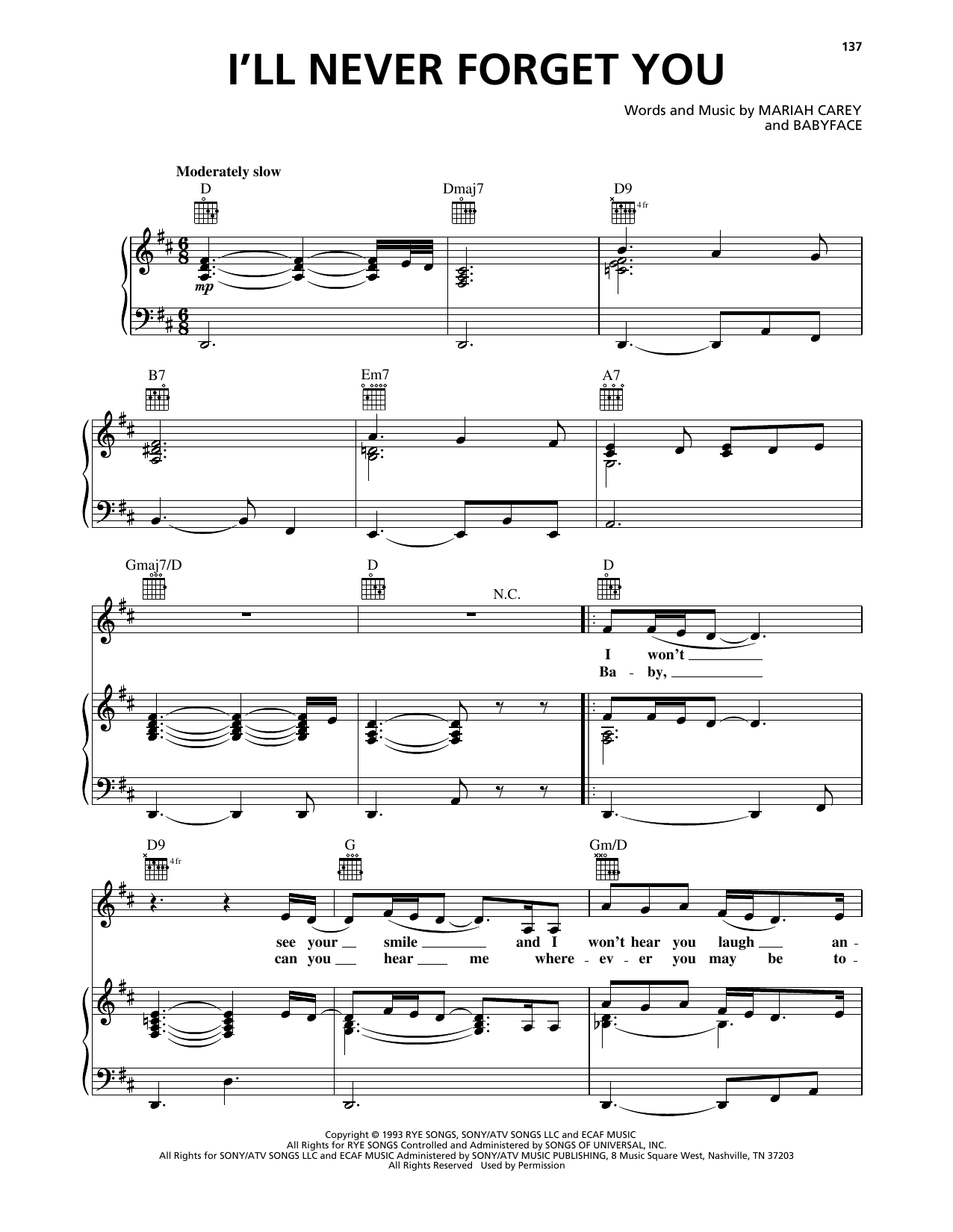 Mariah Carey I'll Never Forget You sheet music notes and chords arranged for Piano, Vocal & Guitar Chords (Right-Hand Melody)