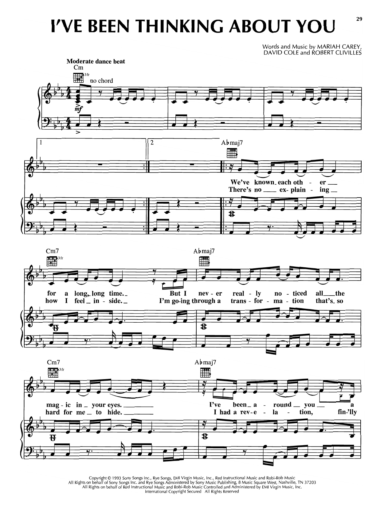 Mariah Carey I've Been Thinking About You sheet music notes and chords arranged for Piano, Vocal & Guitar Chords (Right-Hand Melody)
