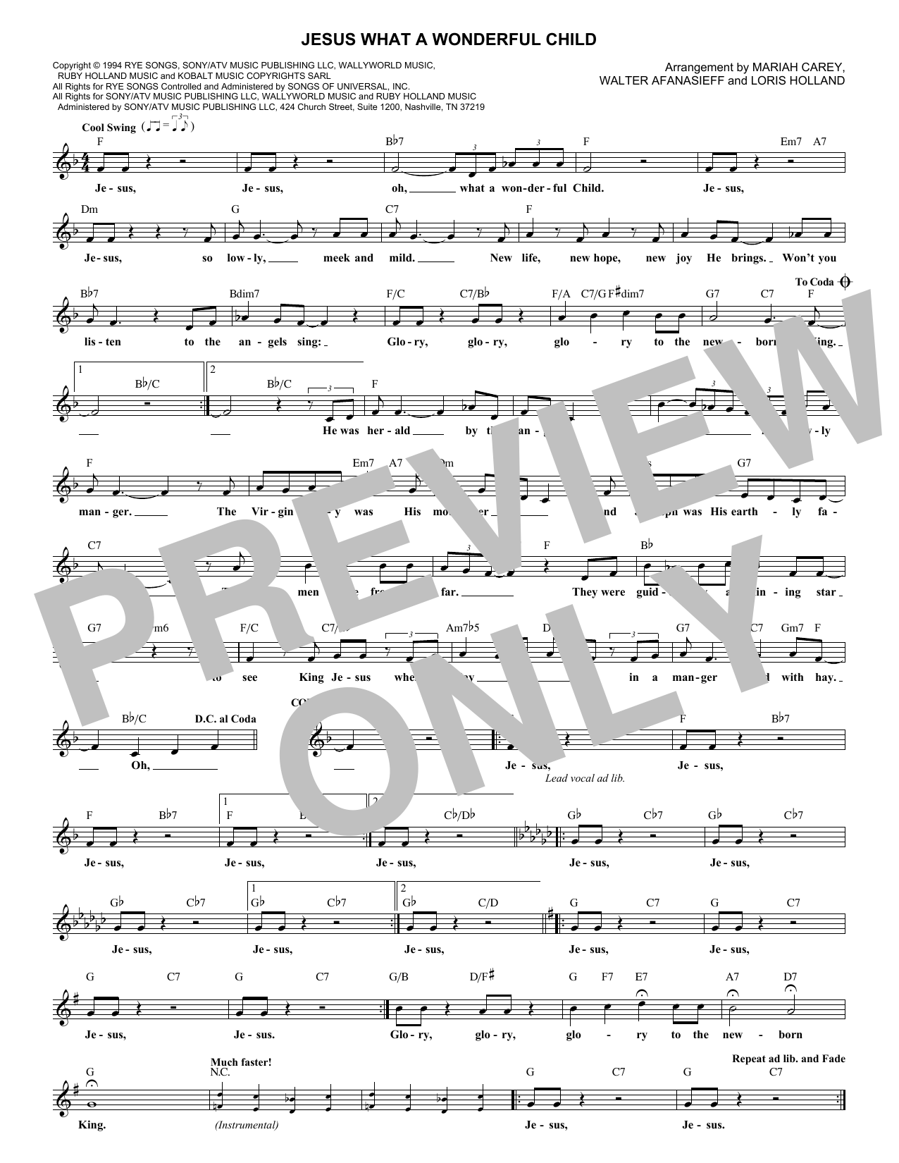 Mariah Carey Jesus What A Wonderful Child sheet music notes and chords arranged for Lead Sheet / Fake Book
