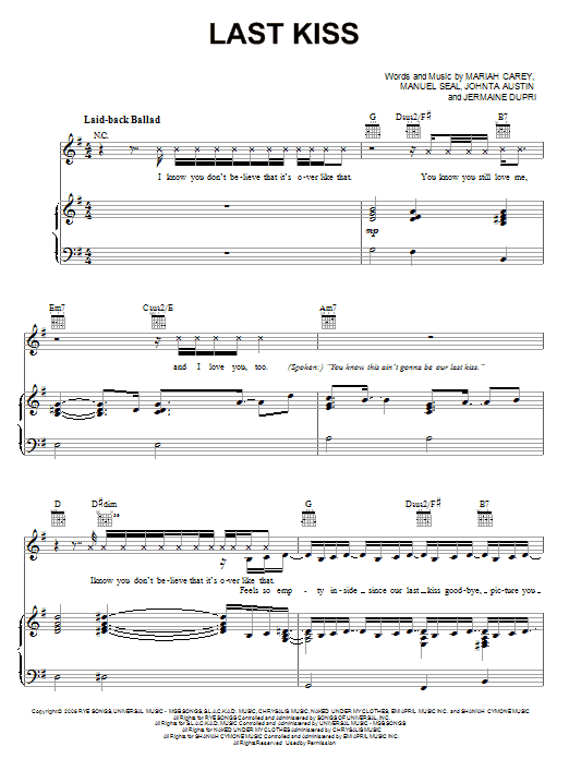 Mariah Carey Last Kiss sheet music notes and chords arranged for Piano, Vocal & Guitar Chords (Right-Hand Melody)