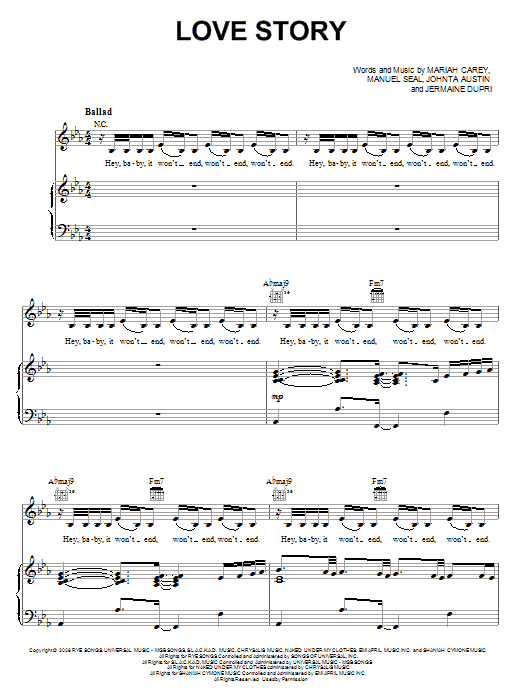 Mariah Carey Love Story sheet music notes and chords arranged for Piano, Vocal & Guitar Chords (Right-Hand Melody)