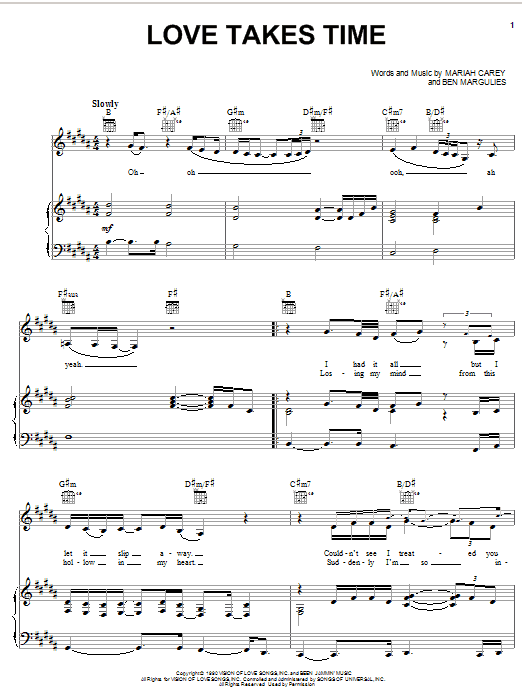 Mariah Carey Love Takes Time sheet music notes and chords arranged for Piano, Vocal & Guitar Chords (Right-Hand Melody)